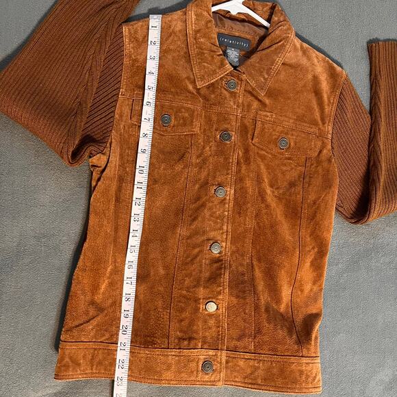 VTG Relativity Suede Leather Jacket Womens Medium Brown Knit Sleeve Boho Western - Picture 7 of 9